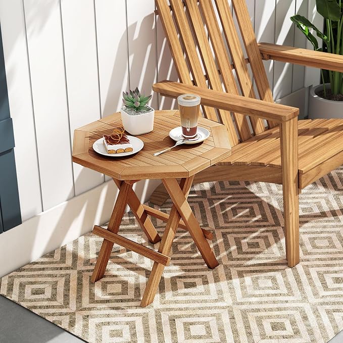 RELAX4LIFE Folding Outdoor Side Table - Set of 2 Teak Wood End Table, Octagonal Coffee Bistro Table w/Slatted Tabletop, Portable Picnic Camp Table for Poolside Porch Garden, Foldable Small Patio Table