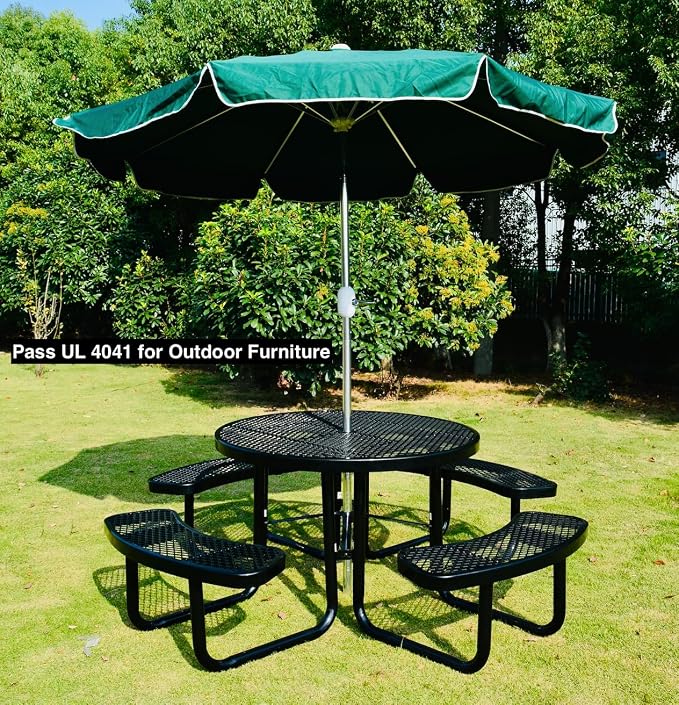 Heavy Duty 46" Steel Round Picnic Table, Expanded Metal Outdoor Table (Black)