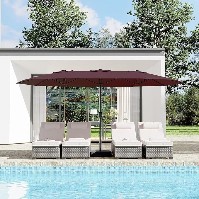 Garvee 15FT Rectangular Outdoor Umbrella Patio Umbrella with Base Included Large Market Umbrellas with Crank Handle UV Protection Table Umbrellas for Outdoor, Backyard, Deck, Poolside, Burgundy