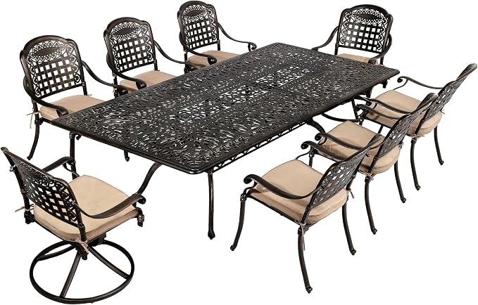TITIMO 9-Piece Cast Aluminum Patio Furniture Set, Outdoor Dining Set Bistro Conversation Set, Rectangular Dining Table Set w/Cushions Umbrella Hole (Khaki-Fixed Grid Chair+Swivel Grid Chair, 9 Pcs)