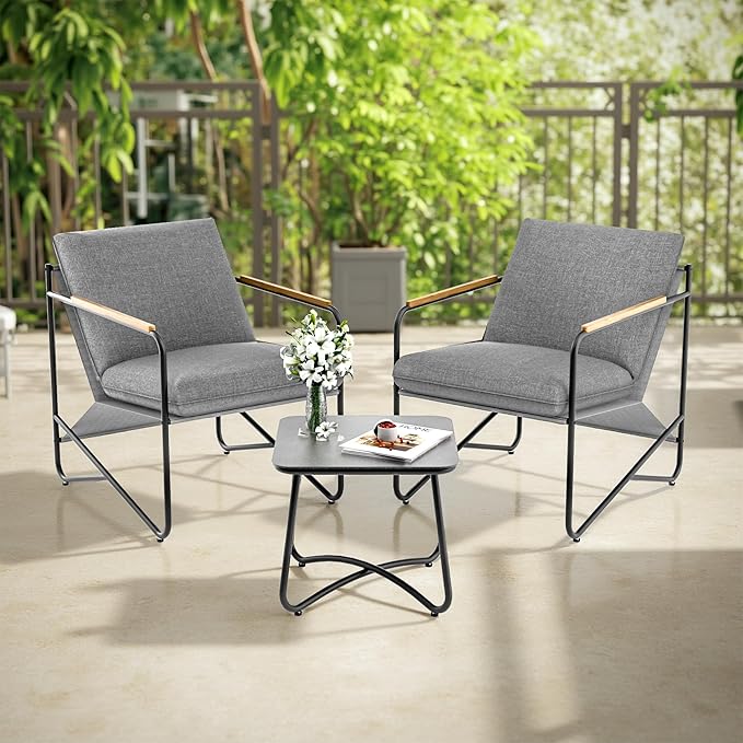 3-Piece Patio Furniture Set, Compact Outdoor Conversation Set with 2 Chairs and Glass Table, Weather-Resistant for Apartment Patio, Small Spaces, Balcony, Backyard – Grey