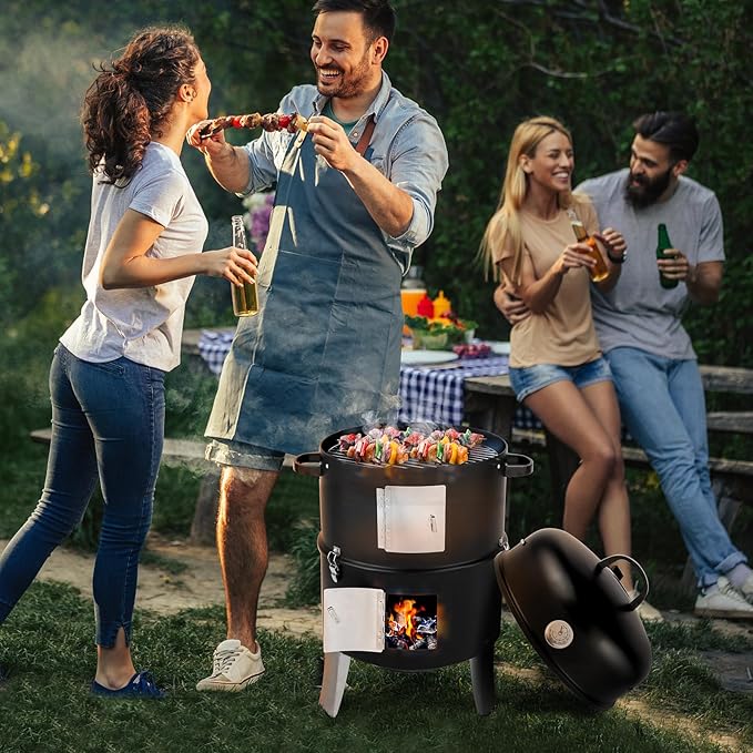 32" Vertical Steel Charcoal Smoker Grill,Heavy Duty BBQ Grills,Outdoor Camping Backyard Barbecue Grill,Metal Barbecue Smokers,with Thermometer,for Patio Garden Beach Porch Lawn Yard (Black)