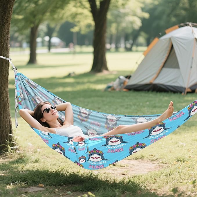 Camping Hammock Outdoor Hammocks for Outside Shark Flower Wreath Beach Trees Portable Lightweight with Pockets Tree Straps Indoor