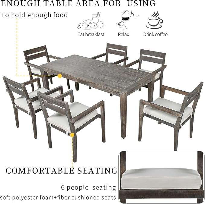 VilroCaz 7-Pieces Acacia Wood Outdoor Dining Table Set, All-Weather Patio Conversation Dining Set, 70.9'' Dining Table with 6 Removable Cushion Chairs, Suitable for Patio Balcony Backyard (Grey-AC)