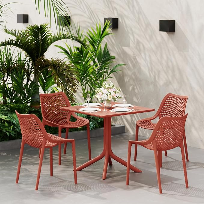 Costaelm Patio Dining Table for 4, Square PP Patio Table, 4-Person Weather Resistant Porch Tables for Outside Poolside Deck Lawn Garden Backyard, Red