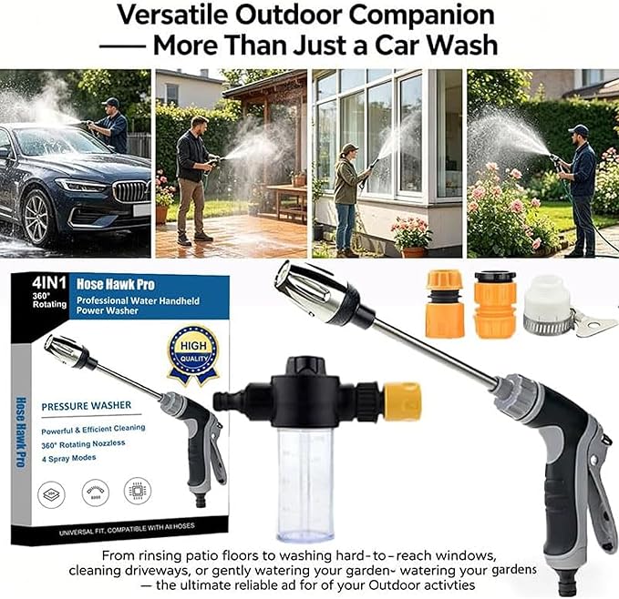 Hose Hawk Pro Pressure Washer, Hosehawk Pro - Professional Water Handheld Power Washer with 360° Rotating Nozzless, 4 Spray Modes Multi Function for Cleaning Yard Car Driveways (Set A)