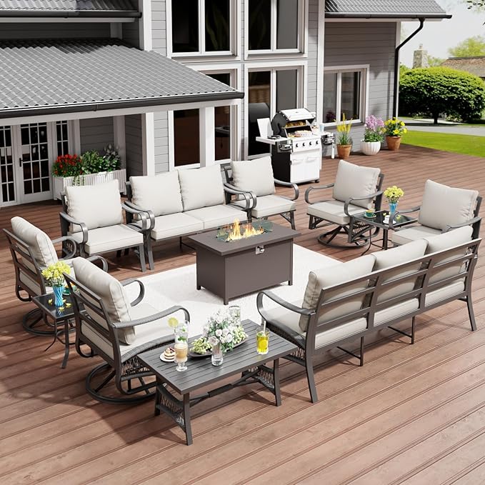 12 Piece Patio Furniture Set, All Weather Metal Outdoor Conversation Set with 50000 BTU Propane Fire Pit Table and 5" Thick Cushions, Sectional Sofa for Garden, Porch, Lawn, Beige