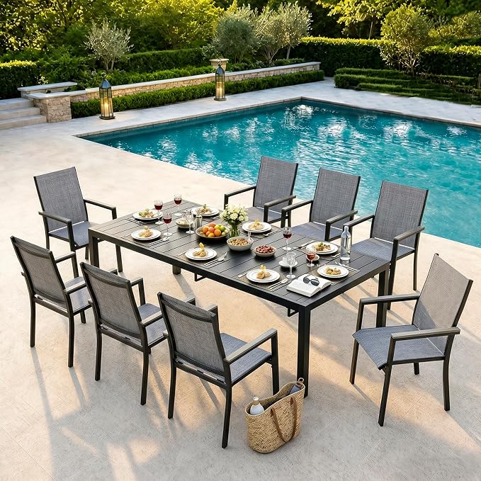 Bigget Extendable Outdoor Dining Set for 8, Expandable 8 Person Outdoor Dining Table Set with Highback Wide Deep Seat Armchairs 450LBS, Sturdy Powder-Coated 9 Piece Patio Dining Set for Backyard, Gray