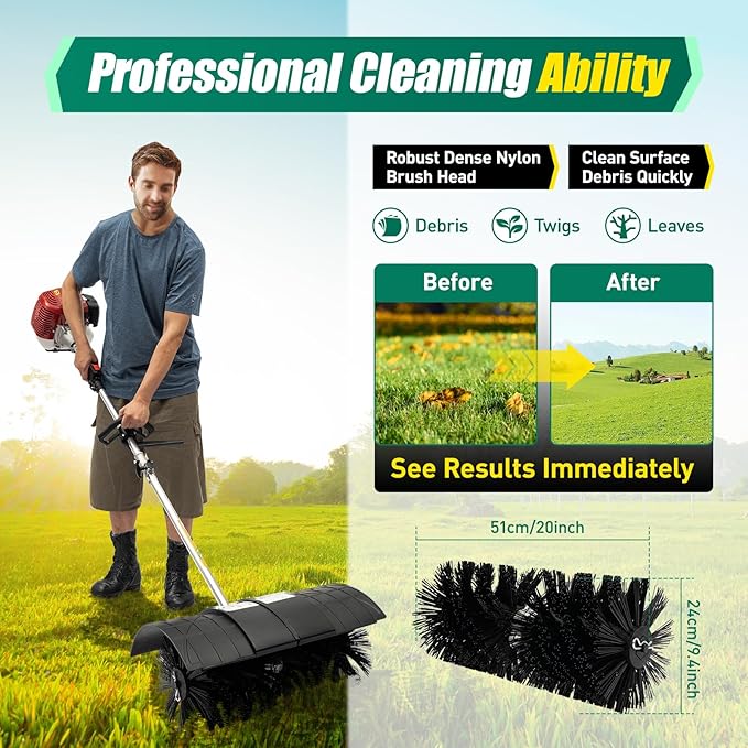 52cc Gas Handheld Sweeper Broom, 2 Stroke Engine Power Lawn Sweeping Broom 1.25kw, Snow Cleaner Tools for Grooming Lawns On Farms, Streets, Parks