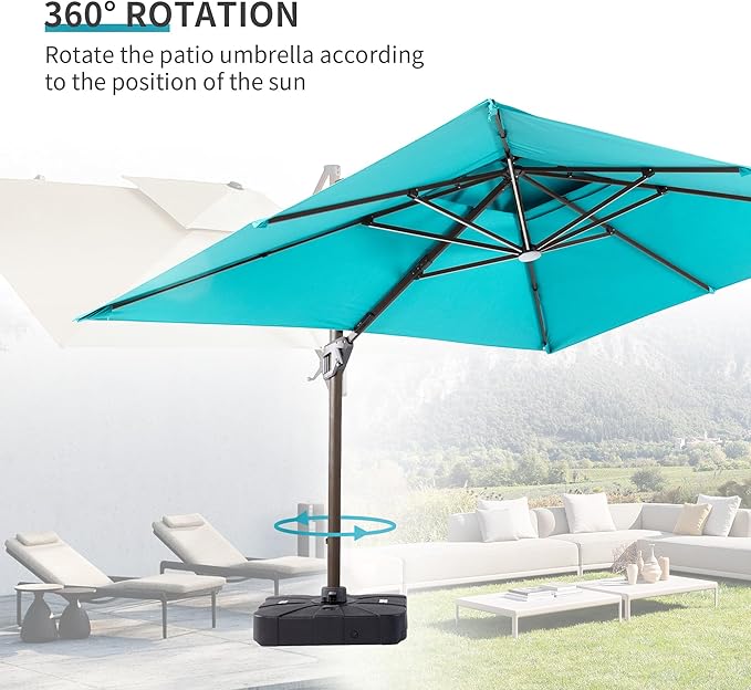 JZAC & QZYD 10X13 FT Outdoor Cantilever Patio Umbrella with Base Included and LED Lights, Large Heavy Duty 2-Tier Aluminum Offset Umbrellas with 360-Degree Rotation for Pool Deck, Turquoise