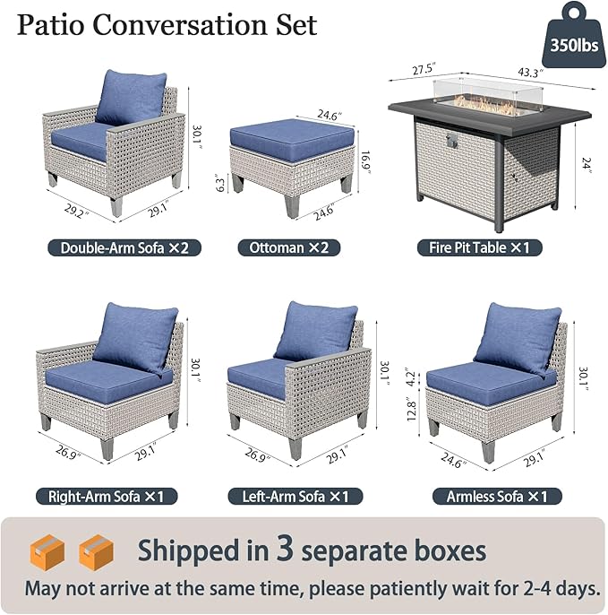 Outdoor Patio Furniture Set with Rattan Fire Pit Table 8-Piece Modular Wicker Sectional Sofa with Ottomans and Thick Cushions, Modern Rattan Outdoor Conversation Couch, Navy