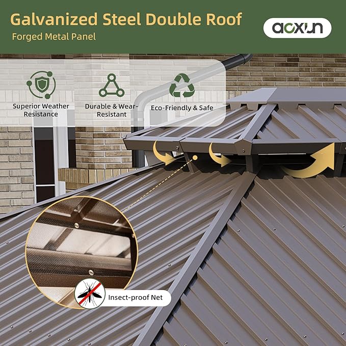 Aoxun 12’x20’ Hardtop Gazebo, Permanent Metal Pavilion with Galvanized Steel Double Roof, Outdoor Pregola with Nettings and Curtains for Lawn, Garden, Patio (Brown)
