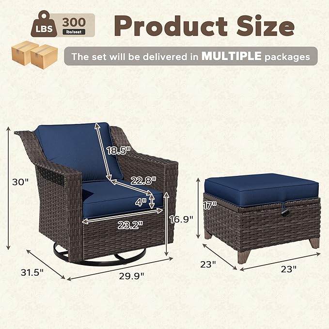 4 Pieces Patio Conversation Furniture Set - 2 Swivel Chairs, 2 Ottomans, Outdoor Wicker Furniture with Removable Cushions for Porch, Balcony, Sunroom (Blue)