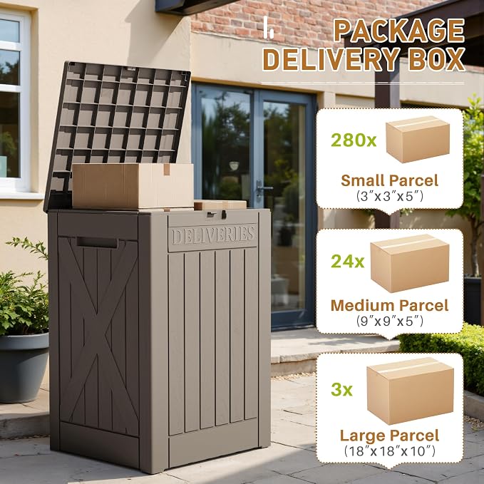 Devoko 48 Gallon Package Delivery Box Outdoor Secure Lockable, Waterproof Deck Box PP Material Storage Container for Porch, Deck (Brown, 48 Gallon)