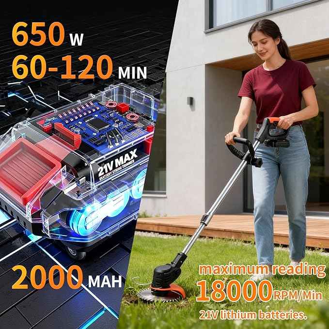 Weed Wacker，Electric Weed wackers with 2pcs 21V Batteries, Cordless Weed Wacker with 3 Different Types of Blades, String Trimmer, Weed Eater Battery Operated Suitable for Lawn, Garden and Villa
