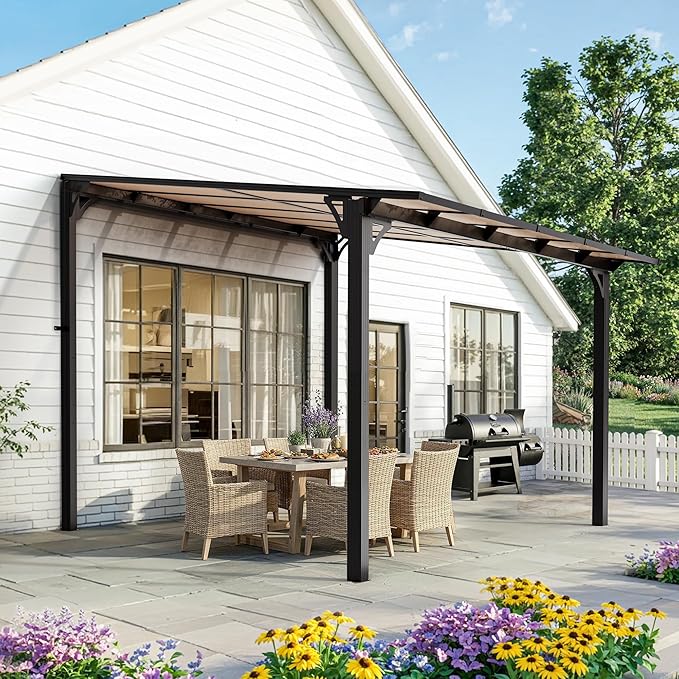 Pamapic 10x10FT Wall Mounted Gazebo, Hardtop Lean to Gazebo with Aluminum Frame & UV Resistant Polycarbonate Roof, Outdoor Patio Awning for Deck, Porch, Lawn & Backyard