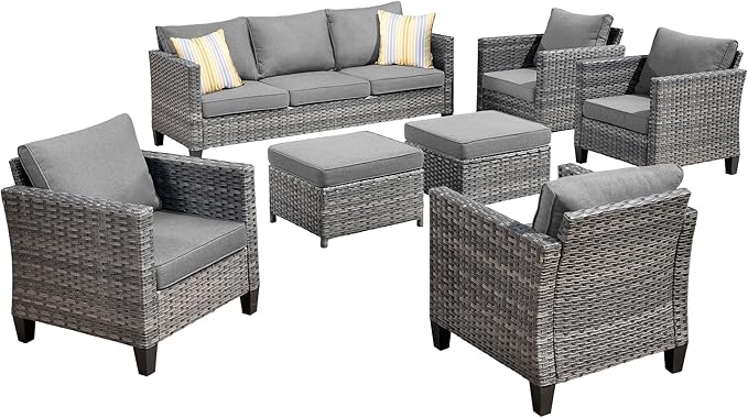 HOOOWOOO 7-Piece Patio Furniture Set–Stylish,Comfortable Outdoor Rattan Sofa Set with 4 Chairs,2 Ottoamns,Weather-Resistant Patio Conversation Set for Deck,Garden,Balcony (Dark Grey)