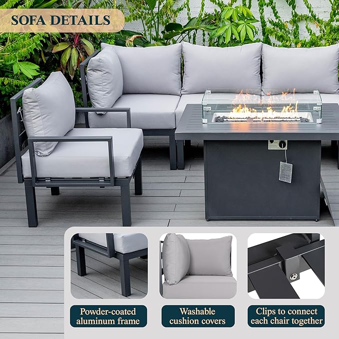 LeisureMod 7-Piece Outdoor Patio Conversation Set with Aluminum Sectional & Cushions, Propane Fire Pit Table with Black Stones, Wind Glass & Lid, Light Grey