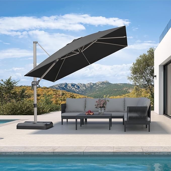 PURPLE LEAF 10’ X 10‘ Patio Umbrella Outdoor Cantilever Umbrella, Aluminum Offset Umbrella with Champagne Frame and 360° Rotation for Pool Deck Garden, Black