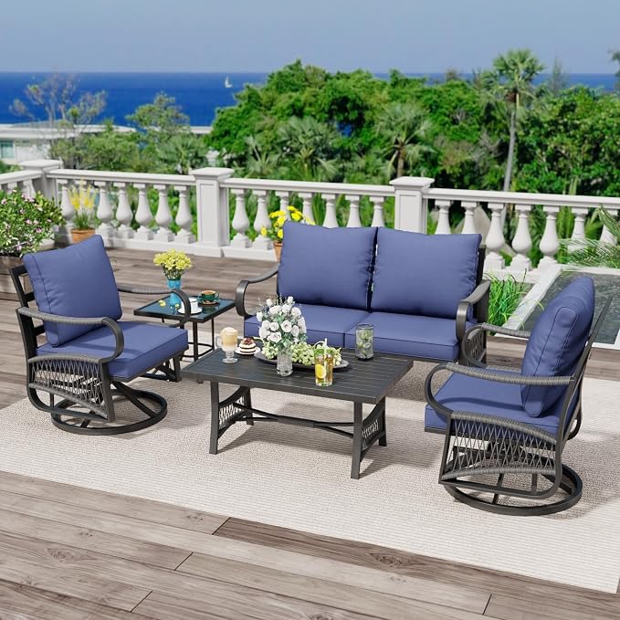 5 Piece Patio Furniture Set, Outdoor All Weather Conversation Sofa Set with 2 Swivel Chairs, Rope Braided Design and Thick Cushions for Garden, Porch, Lawn, Blue