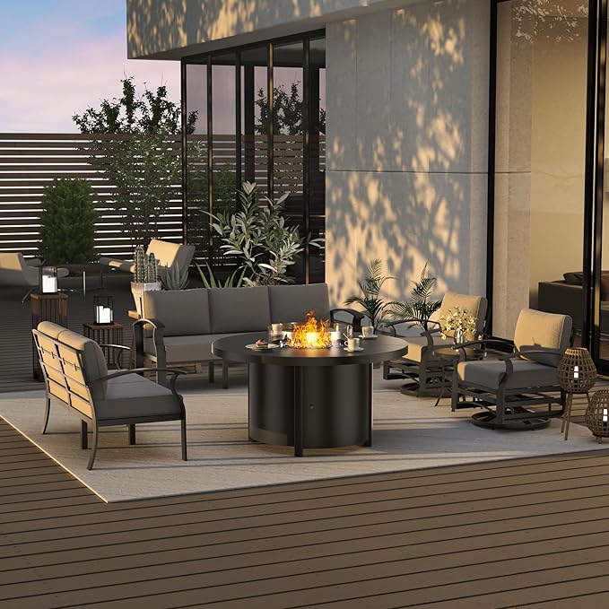ALAULM Aluminum Patio Furniture Set with 40,000 BTU Round Propane Fire Pit Table 7-seat Metal Outdoor Furniture w/ 2 Swivel Chairs Patio Sectional Sofas for Patio, Lawn, Poolside（Grey