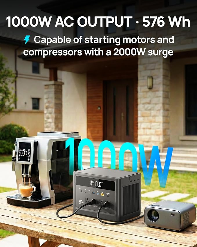 Portable Power Station 1000W, 576Wh Solar Generator with PD 100W USB-C Fast Charging, Power Bank 110V Pure Sine Wave AC Outlet LiFePO4 Battery for Outdoors Camping Home Use Emergency RVs (Peak 2000W)