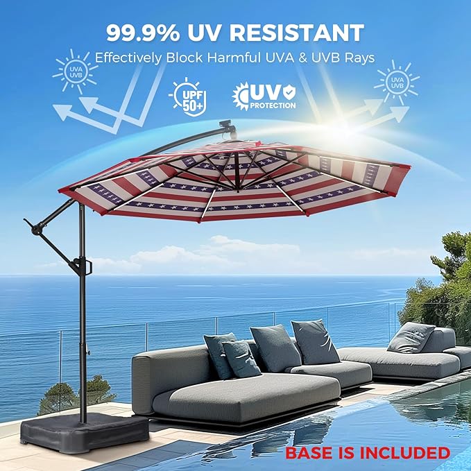 HOMSHADE 10 ft Offset Patio Umbrella with Solar Lights, LED Lighted Umbrella Outdoor Patio with Base Included, American Flag Umbrellas for Patriotic Decorations, Stars and Stripes Style