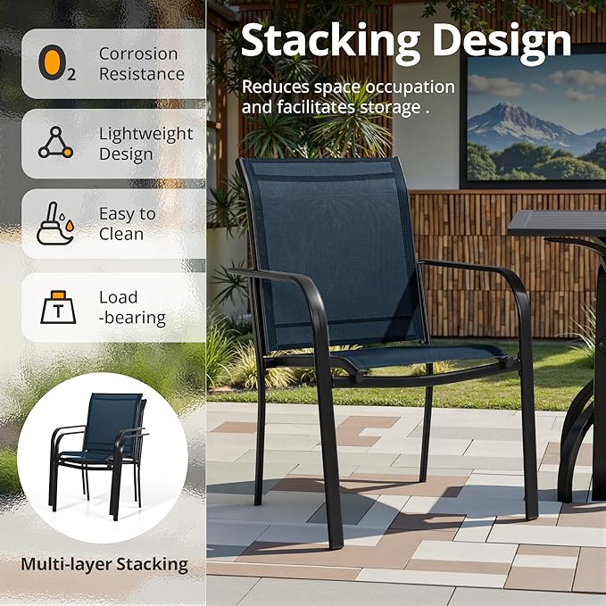 Crownland 7 Piece Patio Dining Set, Outdoor Textilene Dining Sets, 6 Textilene Metal Chairs and Rectangular Outdoor Dining Table with 1.57" Umbrella Hole (Blue)