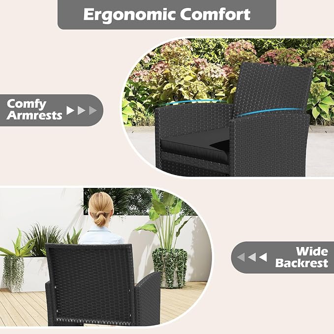 RELAX4LIFE 8-Piece Patio Furniture Set - Wicker Rattan Outdoor Sectional Sofa Set w/Glass Coffee Table, Loveseat, Chairs & Soft Cushions, Bistro Conversation for Garden Porch (2, Black-Black)