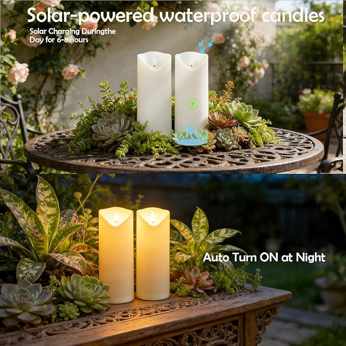 Nimiko Solar Outdoor Waterproof Flameless Candles - 2 Pack Solar & Battery Operated LED Candles, White (D4 x 10"/10"/Pairing) for Garden, Patio, Outdoor Decoration