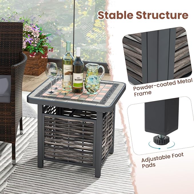 HAPPYGRILL Outdoor Wicker Side Table with Umbrella Hole, PE Rattan Square Coffee Table with Resin Top, Metal Frame, Small End Side Table for Garden, Yard, Poolside, Deck
