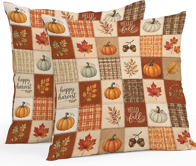 Thanksgiving Checked Throw Pillow Covers 18x18 Inch Set of 2, Fall Waterproof Outdoor Pillow Covers, Pumpkins Maple Orange Checker Decorative Cushion Pillowcases for Couch, Sofa, Bed, Garden, Patio