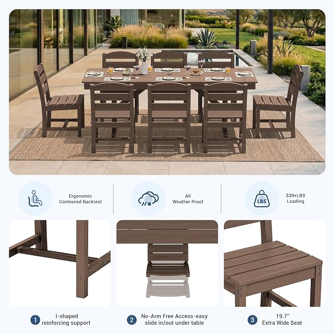 KINGYES 8-Person Outdoor Patio Dining Set with Patio Umbrella,84 inch HDPE Rectangular Table and Chairs Set，Waterproof Furniture Set with Umbrella Hole for Backyard,Brown