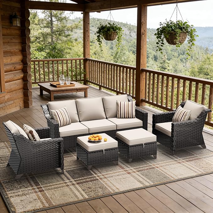 5 Pieces Patio Conversation Furniture Set - 1 Sofa, 2 Armchairs, 2 Ottomans, Outdoor Wicker Furniture with Removable Cushions for Porch, Balcony, Sunroom (Beige)