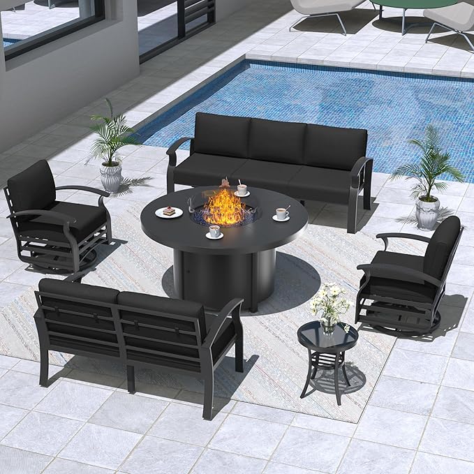 ALAULM Aluminum Patio Furniture Set with 40,000 BTU Round Propane Fire Pit Table 7-seat Metal Outdoor Furniture w/ 2 Swivel Chairs Patio Sectional Sofas for Patio, Lawn, Poolside（Black