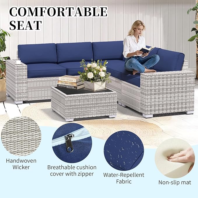 6 Pieces Wide Armrest Patio Furniture Set, Rattan Sectional Furniture with Thickened Cushions, Outdoor Patio Conversation Sets for Backyard, Poolside, Garden, Off-White & Navy Blue, Set of 6