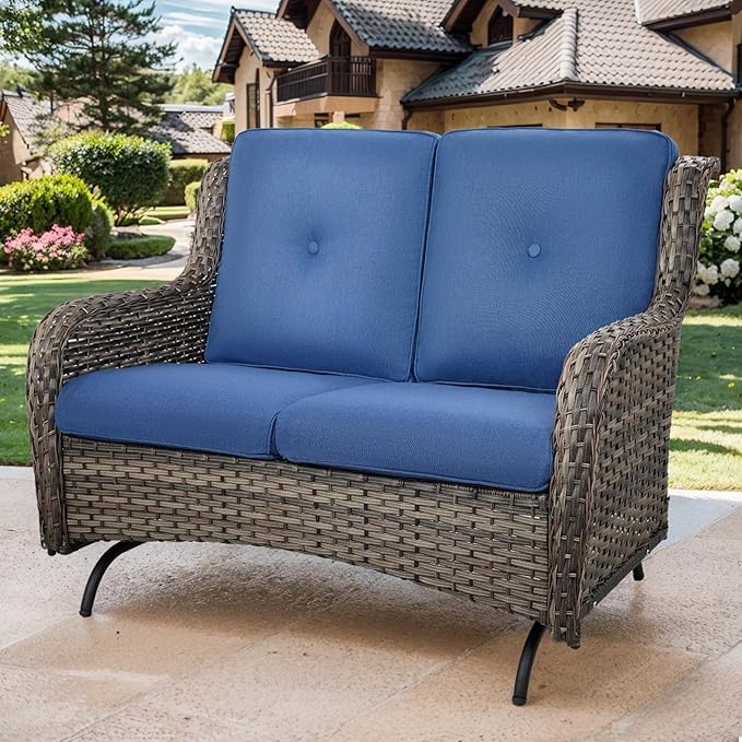 Patio Loveseat Wicker Loveseat Rattan Glider Sofa with Curved Armrest Thicking Back & Seat Cushions for Garden Balcony Backyard Grey Wicker|Blue Cushions (A) Patio Loveseat Glider