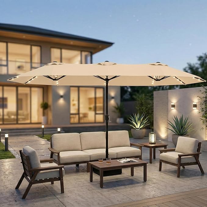 15ft Large Patio Umbrella with Solar Lights and Base, Double-Sided Outdoor Rectangle Umbrella with 48 LED Lights, Market Table Umbrellas with UV Resistant Canopy