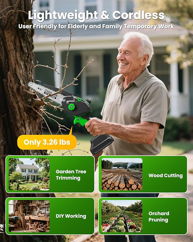 Mini Chainsaw with 1000W Brushless Motor, 8 inch & 6 inch 2 Rechargeable Batteries Handheld Small Chain Saw for Wood Cutting, Gardening Gifts for Father Dad Men