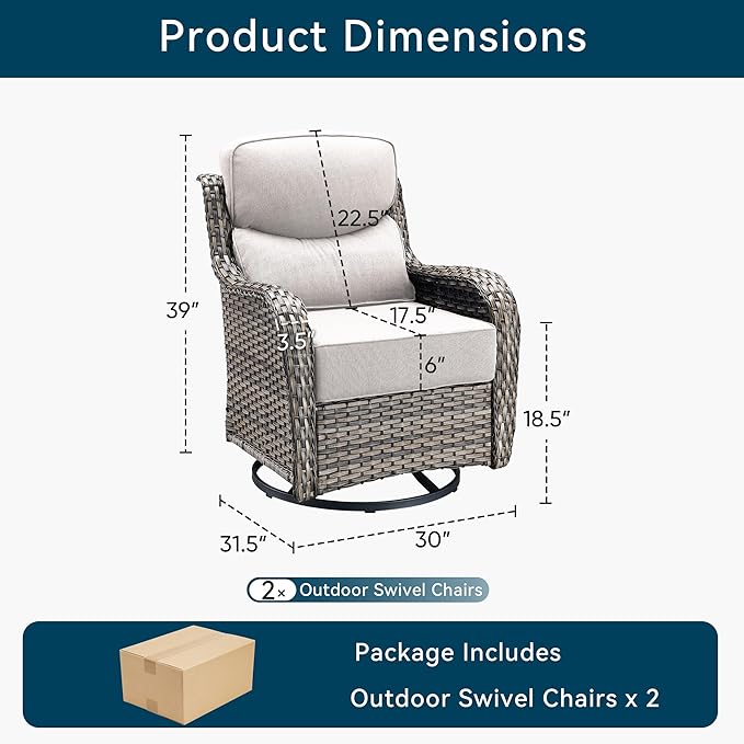 Luxury Outdoor Swivel Rocker Patio Chairs-3 Piece Wicker Patio Rocking Chairs Set of 2 with Glass Side Table 6" Thick Cushions High Back Outdoor Furniture Sets for Deck Porch Balcony(Grey/Beige)