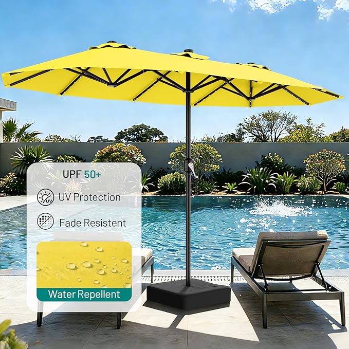 AreShark 13 FT Patio Umbrella with Solar Lights, Double-Sided Outdoor Table Umbrellas with Crank, Large Rectangular Market Umbrella for Porch, Lawn, Pool, Backyard, Yellow
