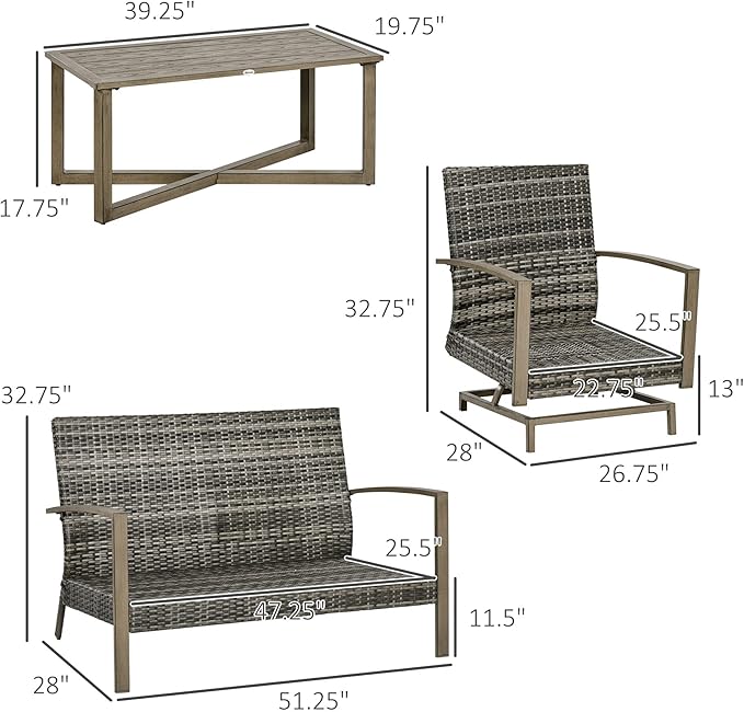 Outsunny 4 Piece Wicker Patio Furniture Set with 2 Rocking Chairs, Loveseat Sofa, Outdoor PE Rattan Conversation Set with Cushions, Aluminum Table for Porch, Poolside, Dark Gray