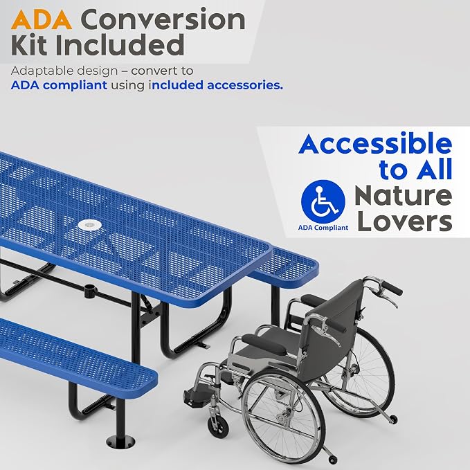 Commercial Heavy-Duty Metal Picnic Table - ADA Compliant, Adjustable Seats, Umbrella Hole, Expanded Metal (Blue, 8' Rectangular)
