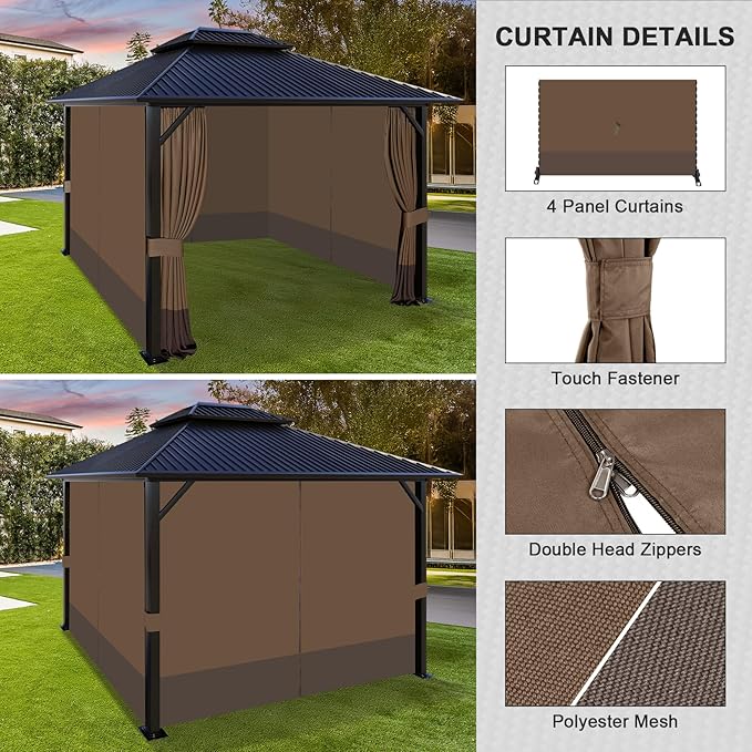 Aoodor 12x16 ft Outdoor Gazebo Curtains, 4 Panels Waterproof Privacy Sidewall Replacement with Zipper for Patio Pergola and Canopy, Brown and Coffee