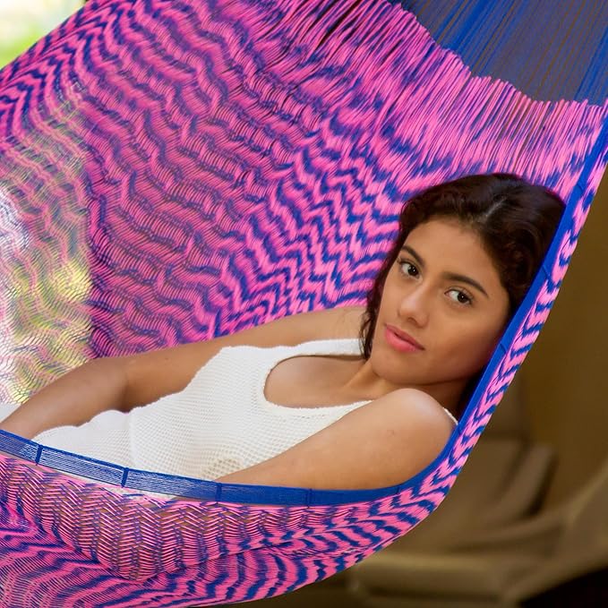 NOVICA Blue Fuchsia Pink Hand Woven Nylon Mayan 1 Person Rope Hammock With Hanging Accessories, 'Iridescent Tropics' (Single)