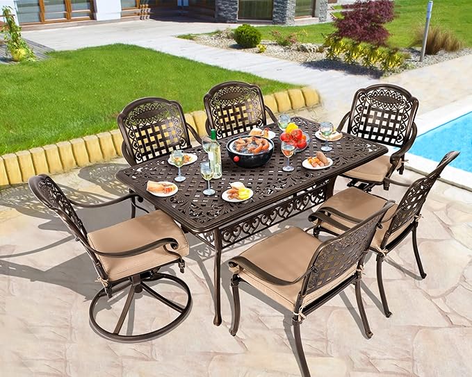Grepatio 7 Piece Patio Dining Set Outdoor Dining Set Cast Aluminum Furniture Set with 4 Patio Chairs&2 Swivel Chairs and Dining Table for Backyard Garden Deck Poolside (Grid Khaki)