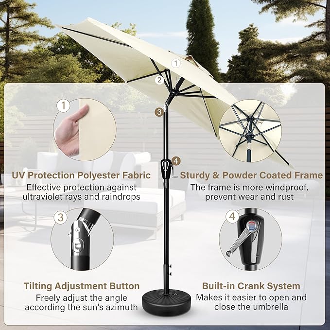 Simple Deluxe 7.5' Patio Umbrella with 20 Inch 50lbs Capacity Fillable Round Base, 6 Sturdy Ribs with Push Button Tilt/Crank for Garden, Deck, Backyard, Pool, Creamy White and Black