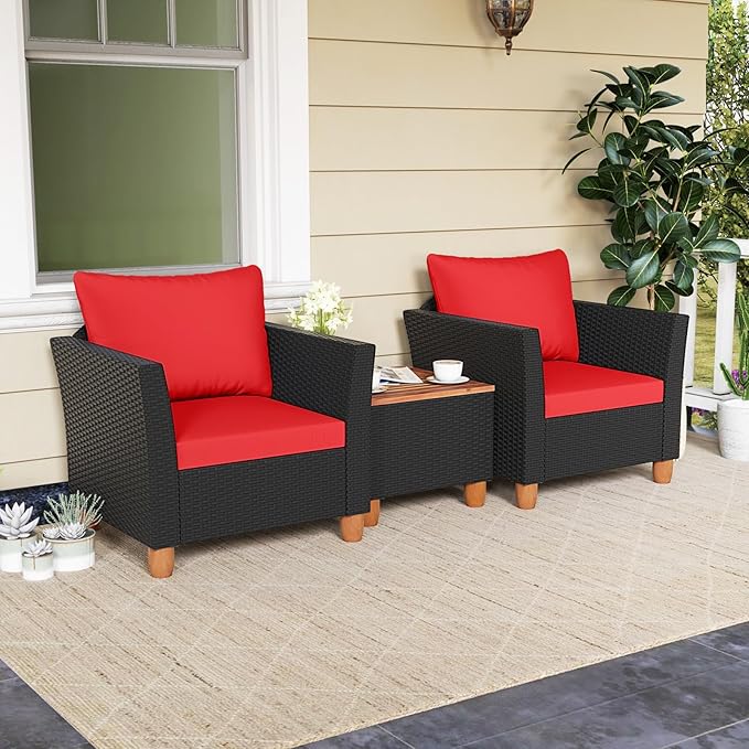 Tangkula 3 Pieces Patio Porch Furniture Set, PE Rattan Wicker Chair Conversation Set with Cushions and Storage Table, Outdoor Acacia Wood Bistro Set for Garden, Poolside (Red)