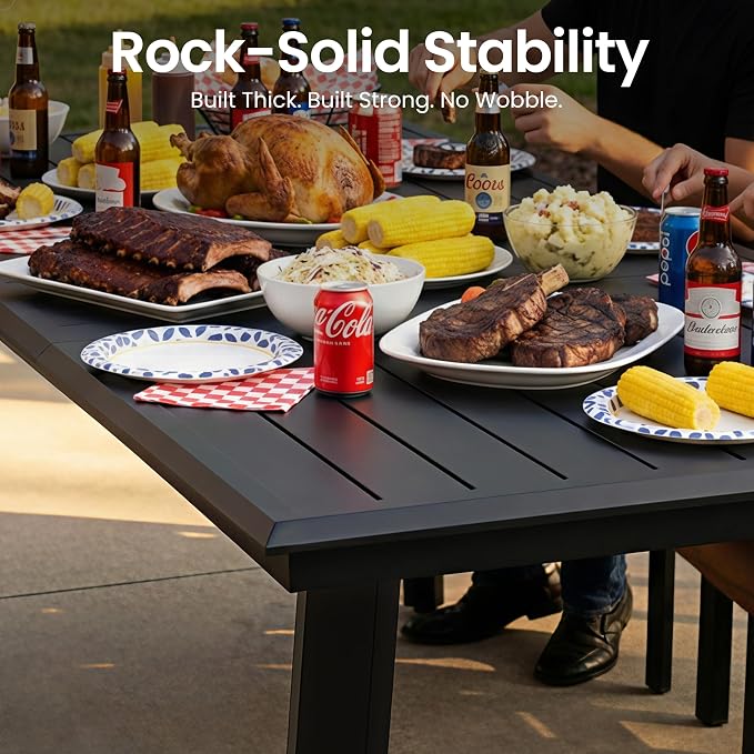 57” Square Outdoor Dining Set for 8 with Stackable Armchairs | 57” Square Aluminum Patio Table with Umbrella Hole Rust-Proof Patio Furniture for Lawn Backyard Garden, Black