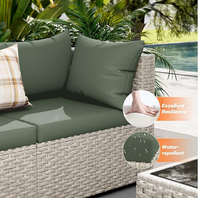UDPATIO Patio Furniture Set with Fire Pit Table, 8 Pieces Outdoor Sectional Sofa, PE Wicker Patio Conversation Set for Garden, Backyard Green